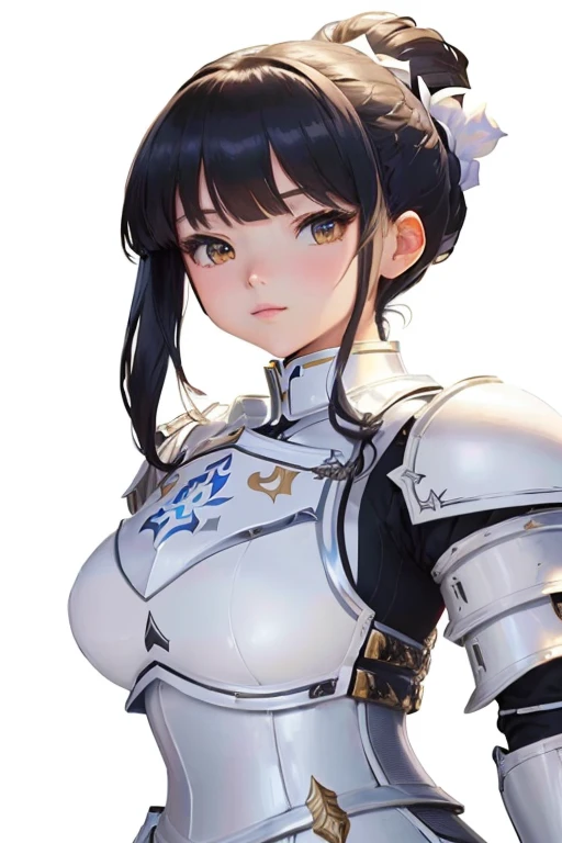 (masterpiece), (best quality),(portrait),(bust up),1girl,solo,(sharp focus),(look at viewer),(hime cut),dwarf girl,dwarf, short twintails ,bangs on eyes,gray eyes,fat ,ancient luxurious long clothes,armor,(simple background),old school fantasy art,super shiny face,Ultra Glossy Skin,huge breasts
