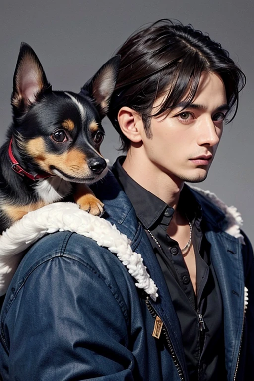 A cool dog and a man in his 30s The dog is an English toy terrier. The dog's color is black and brown.