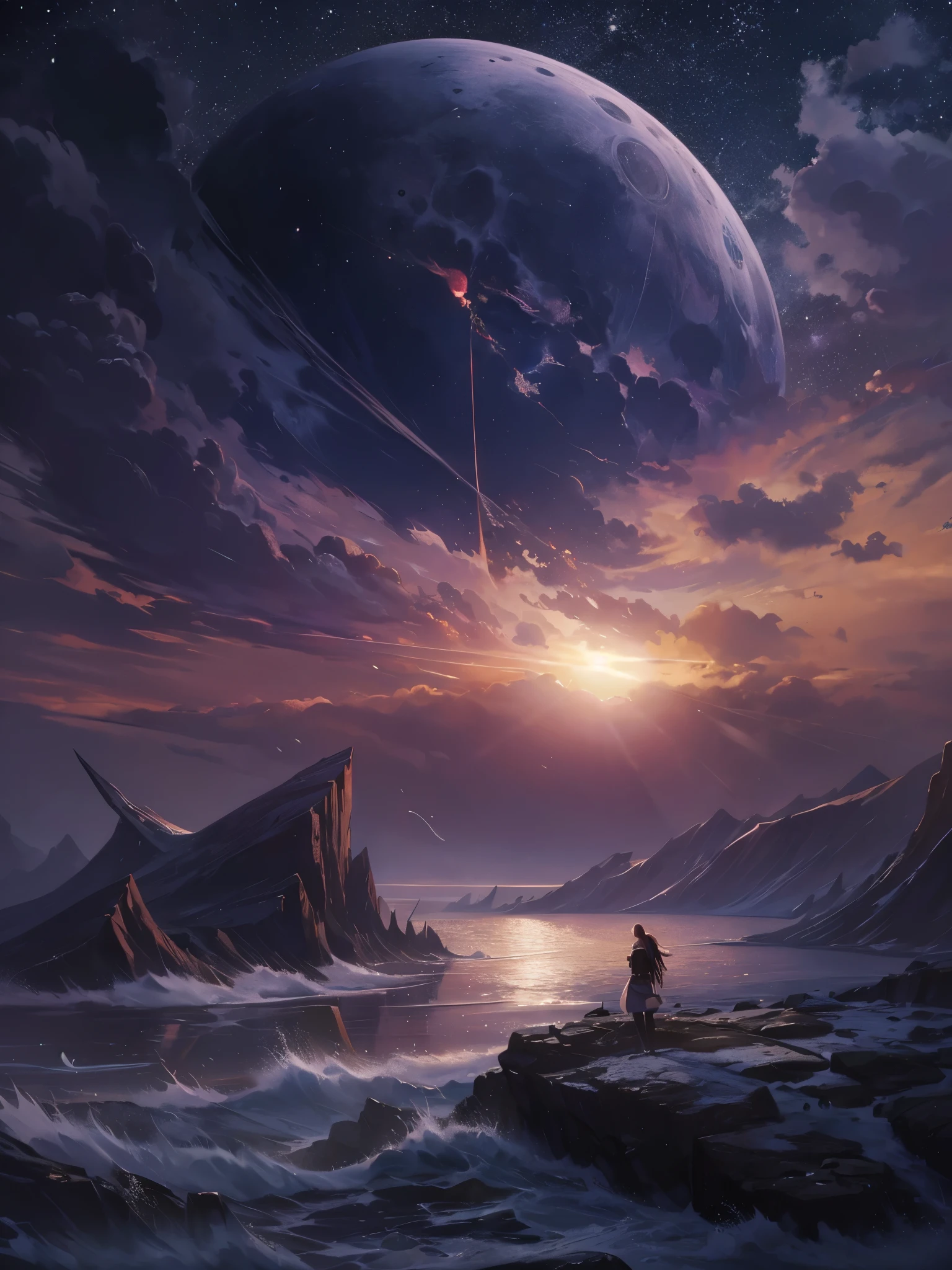 ((Highest quality)),(Ultra-high resolution),(Super detailed),(Detailed Description),((The best CG)),(masterpiece),Highly detailed art,(Art with precise detail:1.5), A meteor cuts through the night sky:1.4, Moonlight:1.3, A changing world:1.5, hope:1.7, revolution:1.3,Sprechchor, free,like,honor,passion, The Wave of a New Era:1.1, Hold the sword over the rose:1.6,