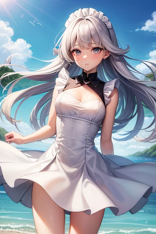 (master_piece, high_quality, beautiful, super delicate, absurdres:1.2), 1girl, mature, 16 years old, beautiful face, ahoge, hair fluttering in the wind, white hair, blue eye, (maid suit, translucent fluttering dress, The wind is blowing, dress flipped up, I can see your underwear, dress that flipped in the wind, dress billowing, I can see your underwear, wind lift:1.2), port, (clear water, gemstone sea:1.2), Ship in the distance, The trails that planes make, blue sky, Sunshine, street in the distance,
