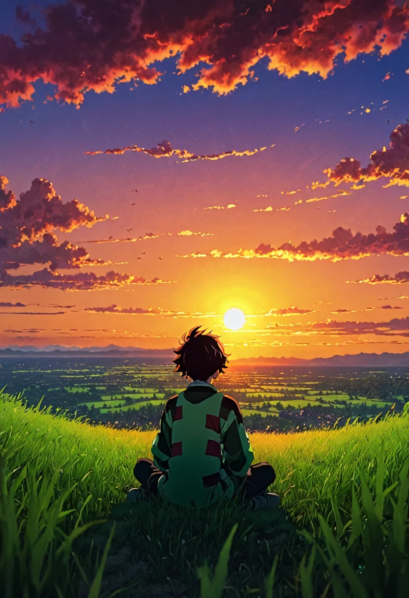 boy sitting on a field of grass, watching a hellish sunset, sun, anime wallpaper 4k, amazing miyazaki, thomas kinkade matte 4k, Aries Moross art. HD 8K