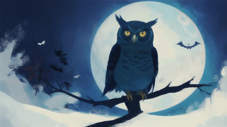 A spooky owl、Only the owl&#39;s eyes shine、Deep darkness spreads、Darker、midnight、都会のmidnight、街灯に止まるA spooky owl、Deep darkness spreads、Darker、midnight