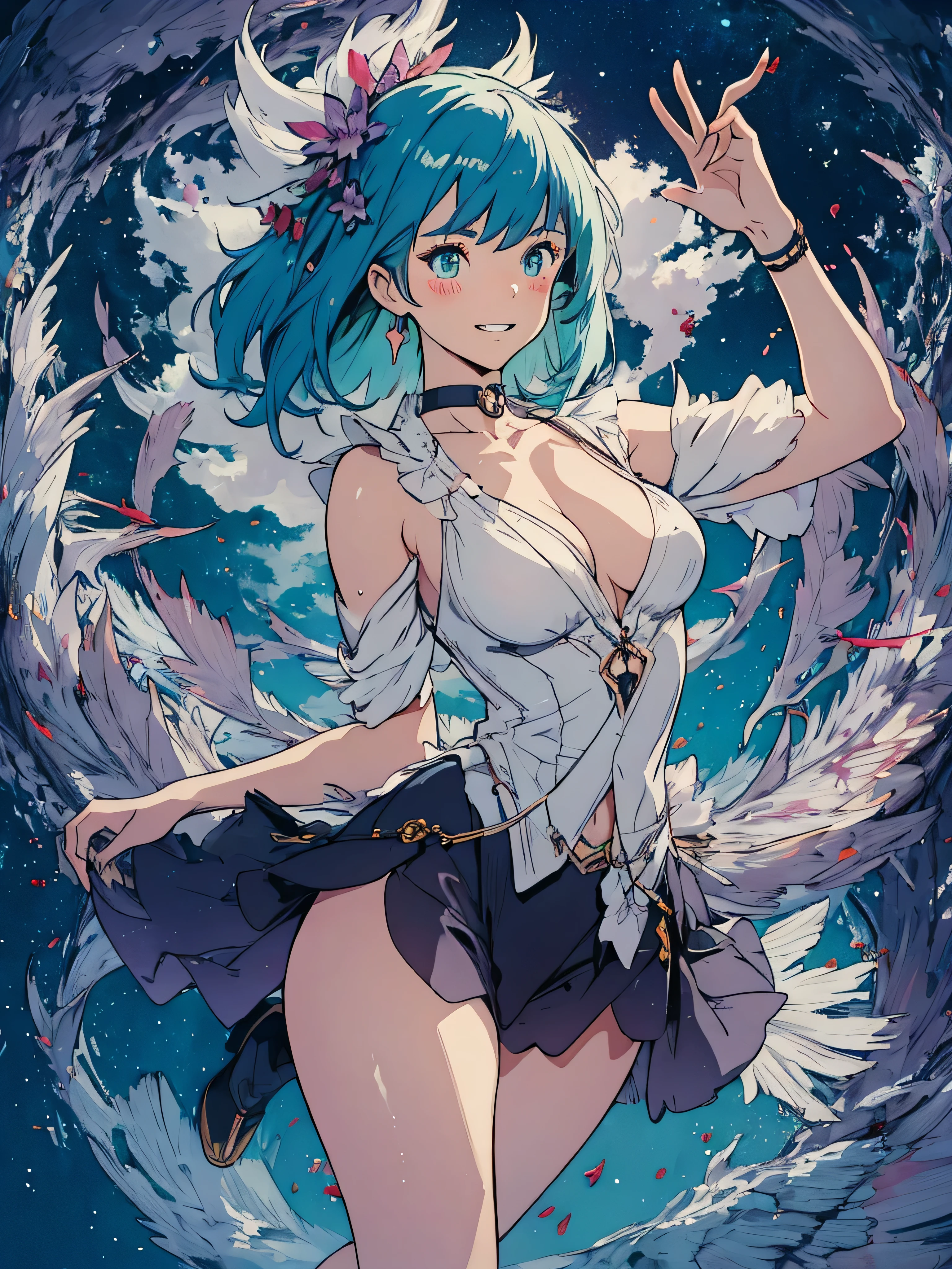 soles, masterpiece, 1 person, solo, very short hair, long bangs between the eyes, gray eyes , very detailed,(masterpiece、highest quality)、alone、gray hair、 silver hair, face up, blue sky, glow white particle, (sidelighting:1.2), sun rise , pink cloud, detailed clouds, slender, Lovely small exposed large breasts, super cute smile with teeth, red cheek, blushing, beautiful green hair, magic light, deep shiny blue eyes, cute girly pause, Draw your breasts inward and push them up, choker, pussy exposed, exposed breasts, exposed pink nipples, put in white battle armer on left arm and legs, super detailed beautiful castle view background, sunset view, wide shot, giving peace sign, jumping, fun, full body, fireworks,galaxy,glint ,light particles,light rays,light trail,Energy circle,Magic Formation,Concentric circle,fire magic,magic circle,milky way,planet,shooting star,sky,solo, sparkle background,star \(sky\),star \(symbol\),starry background,starry sky,starry sky print, tattoo on breasts, full body