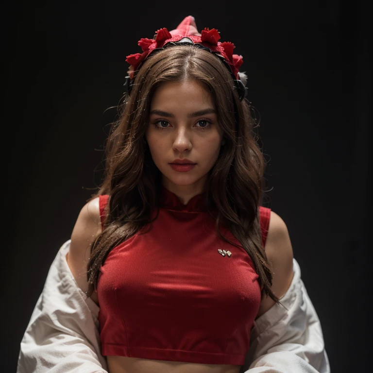 ((extreme detail)),(ultra-detailed), extremely detailed CG unity 8k wallpaper, velvet, figurine, red hood, crop top, star headdress, puffy sleeves, lips, looking away, close-up, head turn, black background