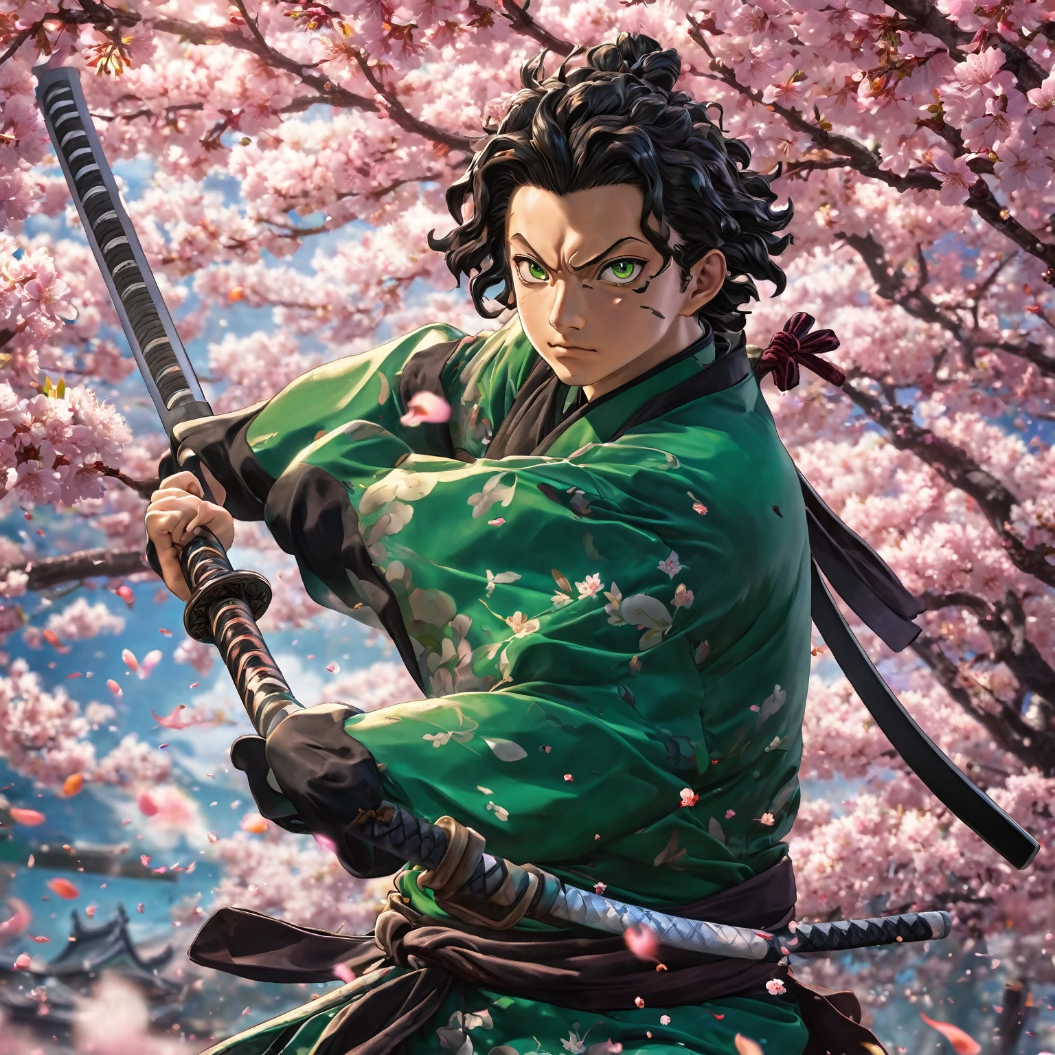 A highly detailed anime style illustration of Tanjiro Kamado from Demon Slayer, wearing his signature green and black outfit, with his katana drawn and intense expression, surrounded by cherry blossom petals, cinematic lighting, dramatic atmosphere, vibrant colors, intricate textures, (best quality,8k,highres,masterpiece:1.2),ultra-detailed,(realistic,photorealistic,photo-realistic:1.37),digital art, studio lighting, extremely detailed facial features, highly detailed eyes, sharp focus, vivid colors, dynamic composition