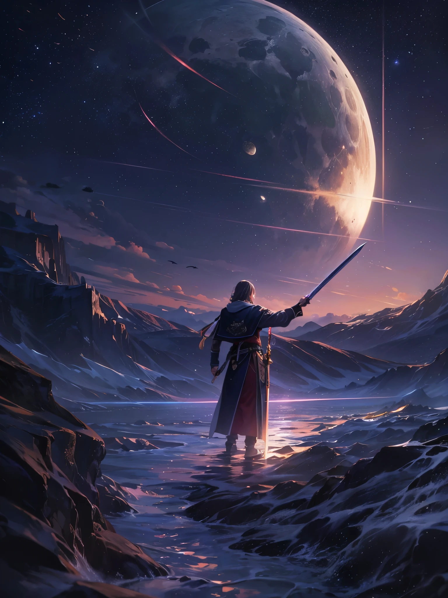 ((Highest quality)),(Ultra-high resolution),(Super detailed),(Detailed Description),((The best CG)),(masterpiece),Highly detailed art,(Art with precise detail:1.5), A meteor cuts through the night sky:1.4, Moonlight:1.3, A changing world:1.5, hope:1.7, revolution:1.3,Sprechchor, free,like,honor,passion, The Wave of a New Era:1.1, Hold the sword over the rose:1.6,