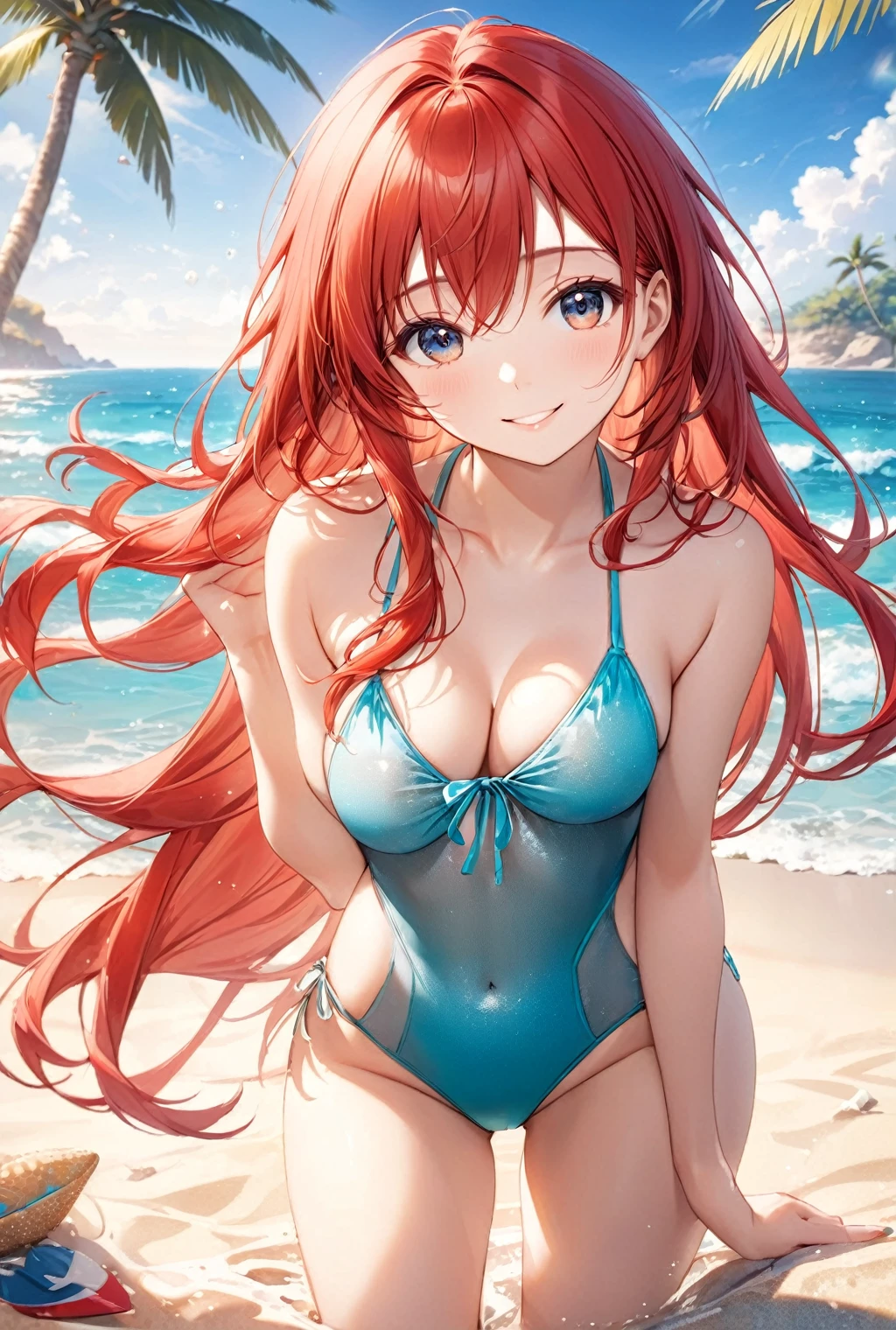 (Highest quality, 8k, 32K, masterpiece, Ultra-high resolution,:1.2),born, One girl,Super cute , Natural light, Beach-like fantasy background, Clear, shining eyes, Age 25 ,Fair skin, Girl with red hair, Swimsuit, Long Hair, An innocent smile, Sexy pose