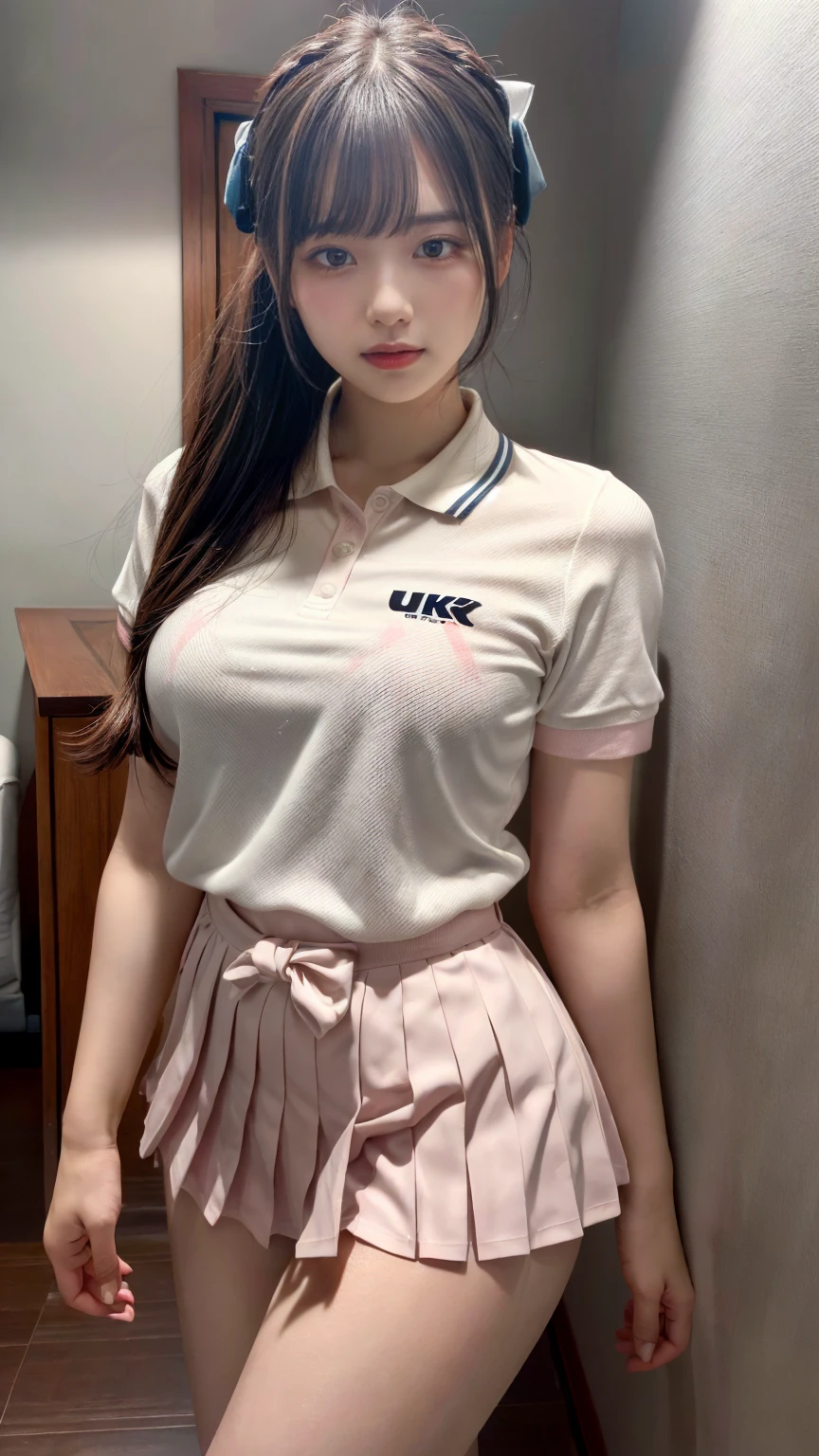 (absurdres:1.3), (highres:1.3), (ultra detailed:1.3),(1girl:1.3), (extremely detailed CG unity 8k wallpaper:1.3), (detailed skin texture, detailed cloth texture, detailed hair texture), (beautiful detailed face, supermodel, pale skin, realistic glistening skin), (RAW photo, best quality), (realistic, photo-realistic:1.4), masterpiece, extremely delicate and beautiful,Amazing, finely detail, extremely detailed CG unity 8k wallpaper, huge filesize, ultra-detailed, highres, absurdres, soft light,rim light, vibrant details, hotel room, straight hair, large breasts, black hair color, Big Natural Color Lip, (perfect body shape), beautiful legs, BREAK (white theme:1.4), (tucked-out short sleeve white polo shirt:1.4), (pink lines on tops outline:1.3), (pure white pleated mini skirt:1.3), (hem of top covers top half of skirt:1.3), (pink fluffy scrunchie on wrist:1.3), (white and pink sports shoes:1.2), crying a little、little smile, Harajuku style、20 year old girl、cute type、ta、standing