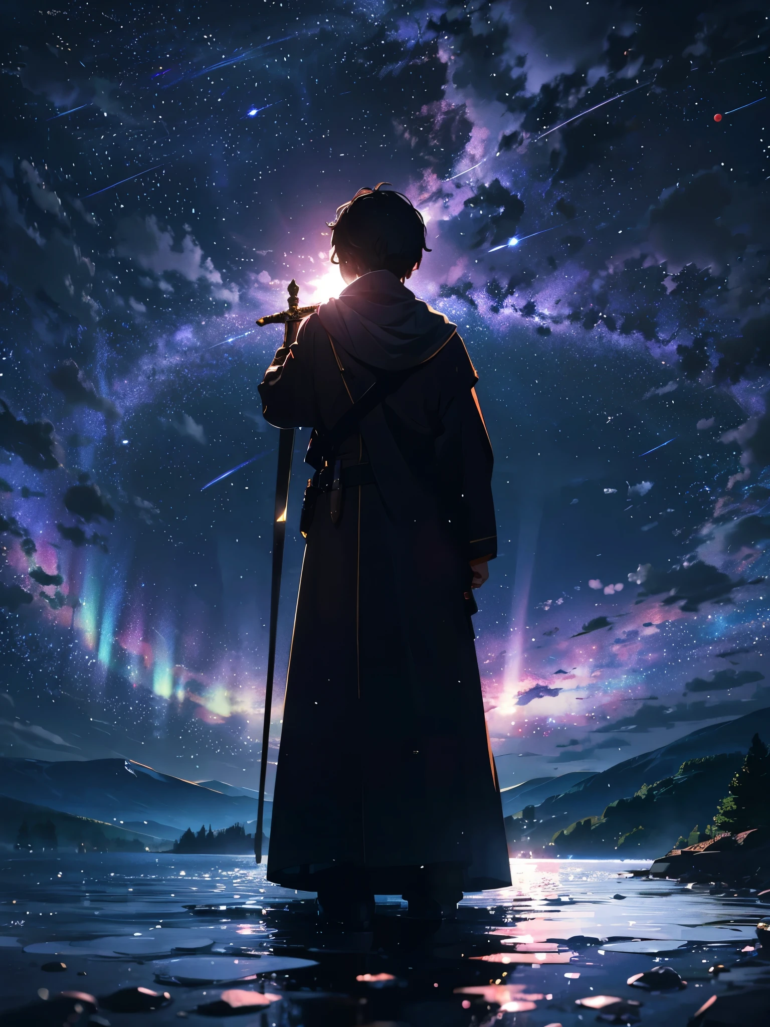 ((Highest quality)),(Ultra-high resolution),(Super detailed),(Detailed Description),((The best CG)),(masterpiece),Highly detailed art,(Art with precise detail:1.5), A meteor cuts through the night sky:1.4, Moonlight:1.3, A changing world:1.5, hope:1.7, revolution:1.3,Sprechchor, free,like,honor,passion, The Wave of a New Era:1.1, Hold the sword over the rose:1.6,