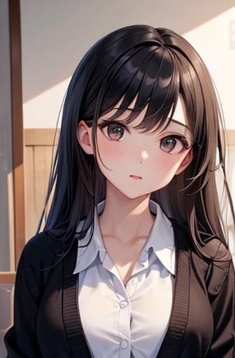 ((Highest quality)),(超High resolution),(Very detailed),(Detailed Description),((The best CG)),(a masterpiece of art),Ultra-detailed art,Amazing painting art,(Art with precise detail:1.5), Portraiture:1.6,Bust Shot:1.4,(1 female:1.5),Beautiful and well-proportioned face:1.5、 Japanese、girl,thin、Small face、Brown eyes、expensive、 High resolution,Black Hair、Long Hair、classroom、White blouse、(Black cardigan:1.2)、17 years old、Are standing、mature,Big Breasts
