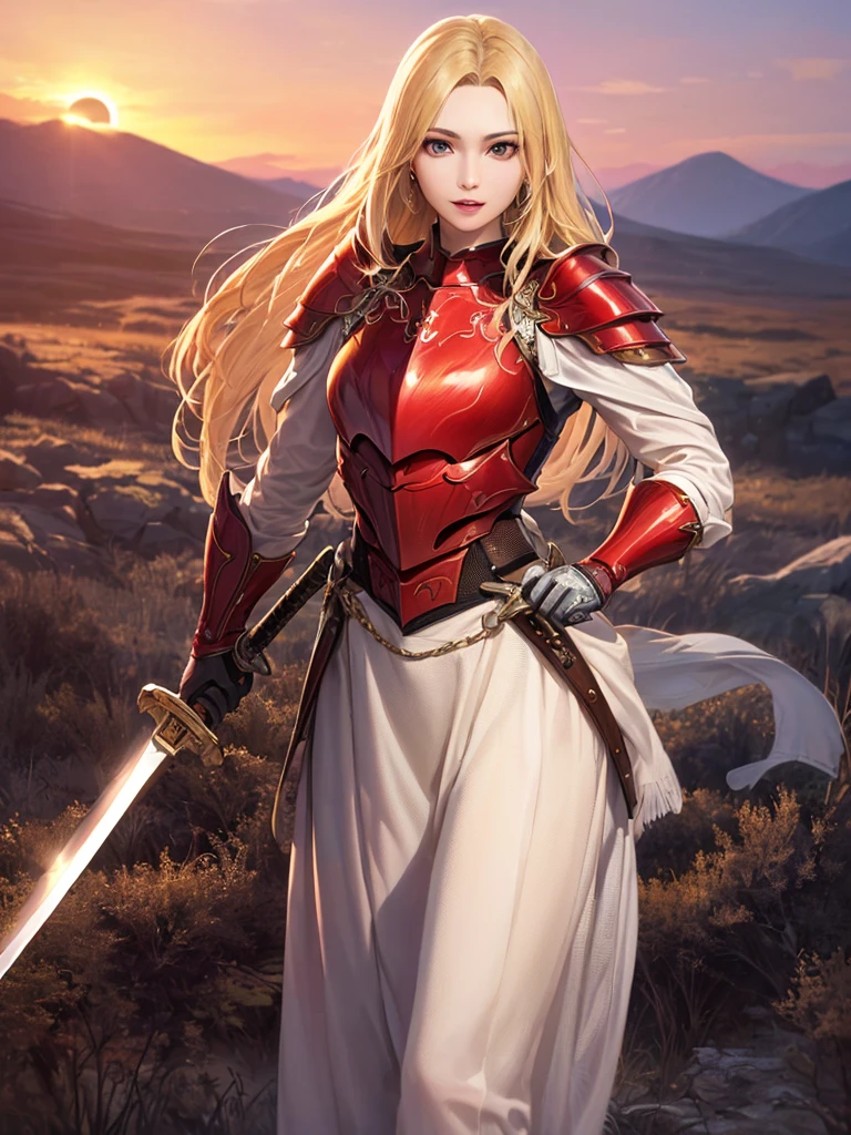 (Highest quality、8k、32K、masterpiece)、(Realistic)、(Realistic:1.2)、(High resolution)、Very detailed、とても美Funny faceと目、(((Women's Solo Shot)))、Tight waist、(Highest quality、Attention to detail、Rich skin detail)、(Highest quality、8k、Oil paints:1.2)、(Realistic、Realistic:1.37)、Bright colors、(((Cowboy Shot)))、(((Blonde Hair)))、(((Long Hair)))、(((He has a good looking face.)))、((Rin々Funny face))、(((Sunset sky)))、(((I have a sword)))、(((Standing in the wilderness)))、(((Wearing red armor)))、(((I'm ready to fight)))、Blonde