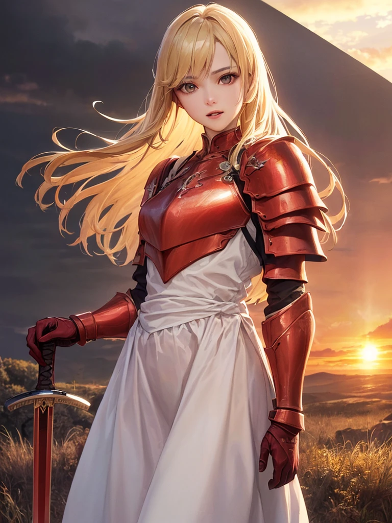 (Highest quality、8k、32K、masterpiece)、(Realistic)、(Realistic:1.2)、(High resolution)、Very detailed、とても美Funny faceと目、(((Women's Solo Shot)))、Tight waist、(Highest quality、Attention to detail、Rich skin detail)、(Highest quality、8k、Oil paints:1.2)、(Realistic、Realistic:1.37)、Bright colors、(((Cowboy Shot)))、(((Blonde Hair)))、(((Long Hair)))、(((He has a good looking face.)))、((Rin々Funny face))、(((Sunset sky)))、(((I have a sword)))、(((Standing in the wilderness)))、(((Wearing red armor)))、(((I'm ready to fight)))、Blonde