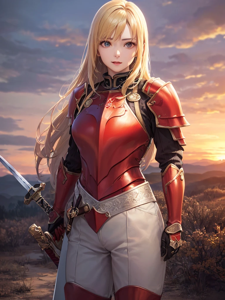 (Highest quality、8k、32K、masterpiece)、(Realistic)、(Realistic:1.2)、(High resolution)、Very detailed、とても美Funny faceと目、(((Women's Solo Shot)))、Tight waist、(Highest quality、Attention to detail、Rich skin detail)、(Highest quality、8k、Oil paints:1.2)、(Realistic、Realistic:1.37)、Bright colors、(((Cowboy Shot)))、(((Blonde Hair)))、(((Long Hair)))、(((He has a good looking face.)))、((Rin々Funny face))、(((Sunset sky)))、(((I have a sword)))、(((Standing in the wilderness)))、(((Wearing red armor)))、(((I&#39;m ready to fight)))、Blonde