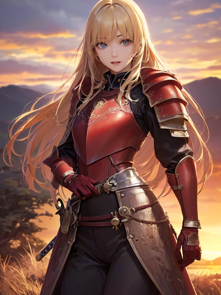 (Highest quality、8k、32K、masterpiece)、(Realistic)、(Realistic:1.2)、(High resolution)、Very detailed、とても美Funny faceと目、(((Women's Solo Shot)))、Tight waist、(Highest quality、Attention to detail、Rich skin detail)、(Highest quality、8k、Oil paints:1.2)、(Realistic、Realistic:1.37)、Bright colors、(((Cowboy Shot)))、(((Blonde Hair)))、(((Long Hair)))、(((He has a good looking face.)))、((Rin々Funny face))、(((Sunset sky)))、(((I have a sword)))、(((Standing in the wilderness)))、(((Wearing red armor)))、(((I'm ready to fight)))、Blonde