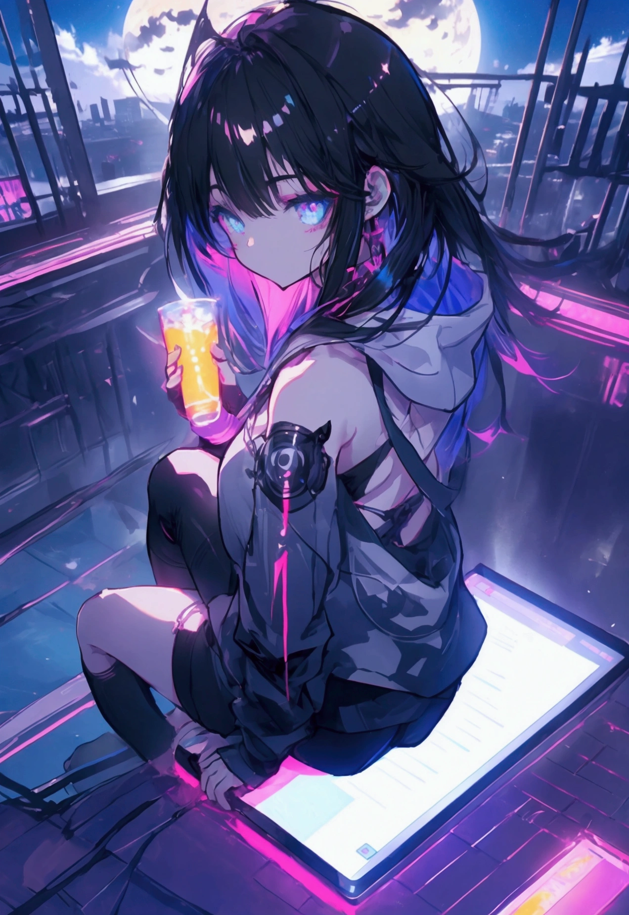 Top View、Using a laptop、Beautiful Face、Beautiful legs、Black Hair、On the roof、full moon,neon.hoodie,Sitting、hacker、Townscape