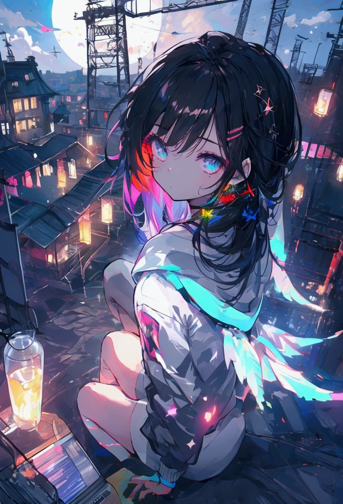 Top View、Using a laptop、Beautiful Face、Beautiful legs、Black Hair、On the roof、full moon,neon.hoodie,Sitting、hacker、Townscape