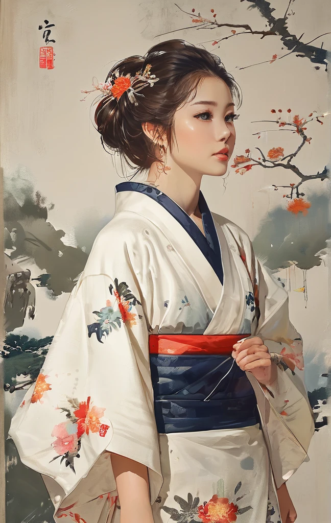 Alpha image of woman in white kimono dress, Japanese art style, Guviz-style artwork, Beautiful character painting, A beautiful artwork illustration, Chinese painting style, Beautiful digital illustration, by Yang J, stunning art style, G Liulian art style, Digital painting style, Beautiful digital artwork, By Li Song