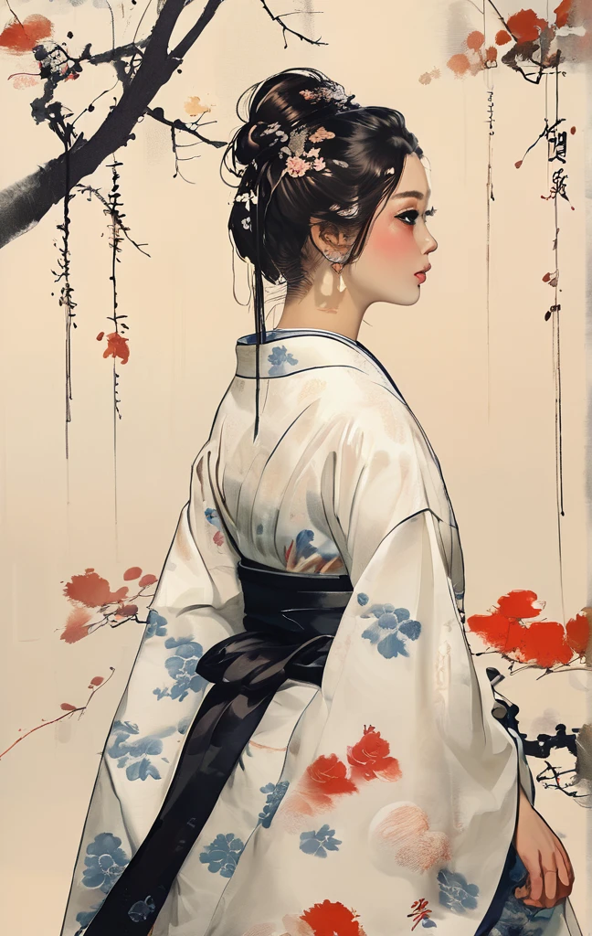 Alpha image of woman in white kimono dress, Japanese art style, Guviz-style artwork, Beautiful character painting, A beautiful artwork illustration, Chinese painting style, Beautiful digital illustration, by Yang J, stunning art style, G Liulian art style, Digital painting style, Beautiful digital artwork, By Li Song