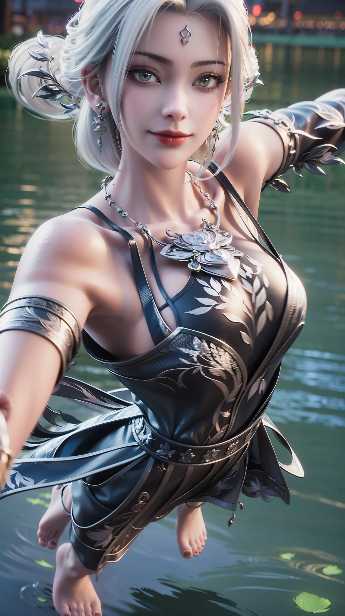 beautiful woman, 1 girl, portrait, 4k, masterpiece, hyper detailed face, extremely detailed eyes and face, beautiful detailed eyes, beautiful detailed lips, long eyelashes, symmetrical facial features, focus on face, full body shot, arms, beautiful arms, beautiful legs, beautiful hands, slender, detailed facial features, small earrings, necklace, white glossy dress, shiny dress, barefoot, radiant skin, smiling, close-up of legs, sweat, starry sky, deep background, reflection on water