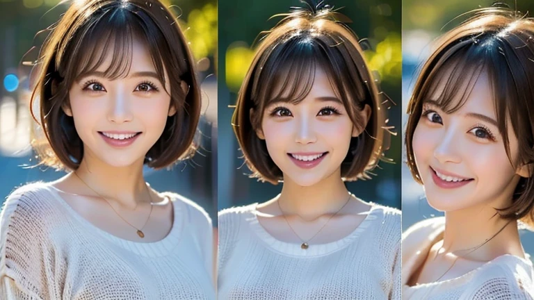 (Highest quality, 8k, 32K, masterpiece, Ultra-high resolution: 1.2), Cute Japanese Women Photos, (Hemp T-shirt), Very short bob hair, Sleeping and waking up, Wake up refreshed, smile, Upper Body, Face Focus, Extra Large_sweater, necklace, Simple Background, From above