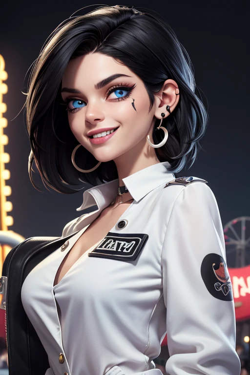 absurdrez, ultra details, high qualiy, Artwork, gorgeous eyes(detailedeyes), white blouse, Black jacke, jeans, short messy black hair, fully body, facial expression laughing, super lashes, fully body, standing, tatoo, scar on the face, amusement park background, hoop earings, eyes locked, pointing the finger at the spectator