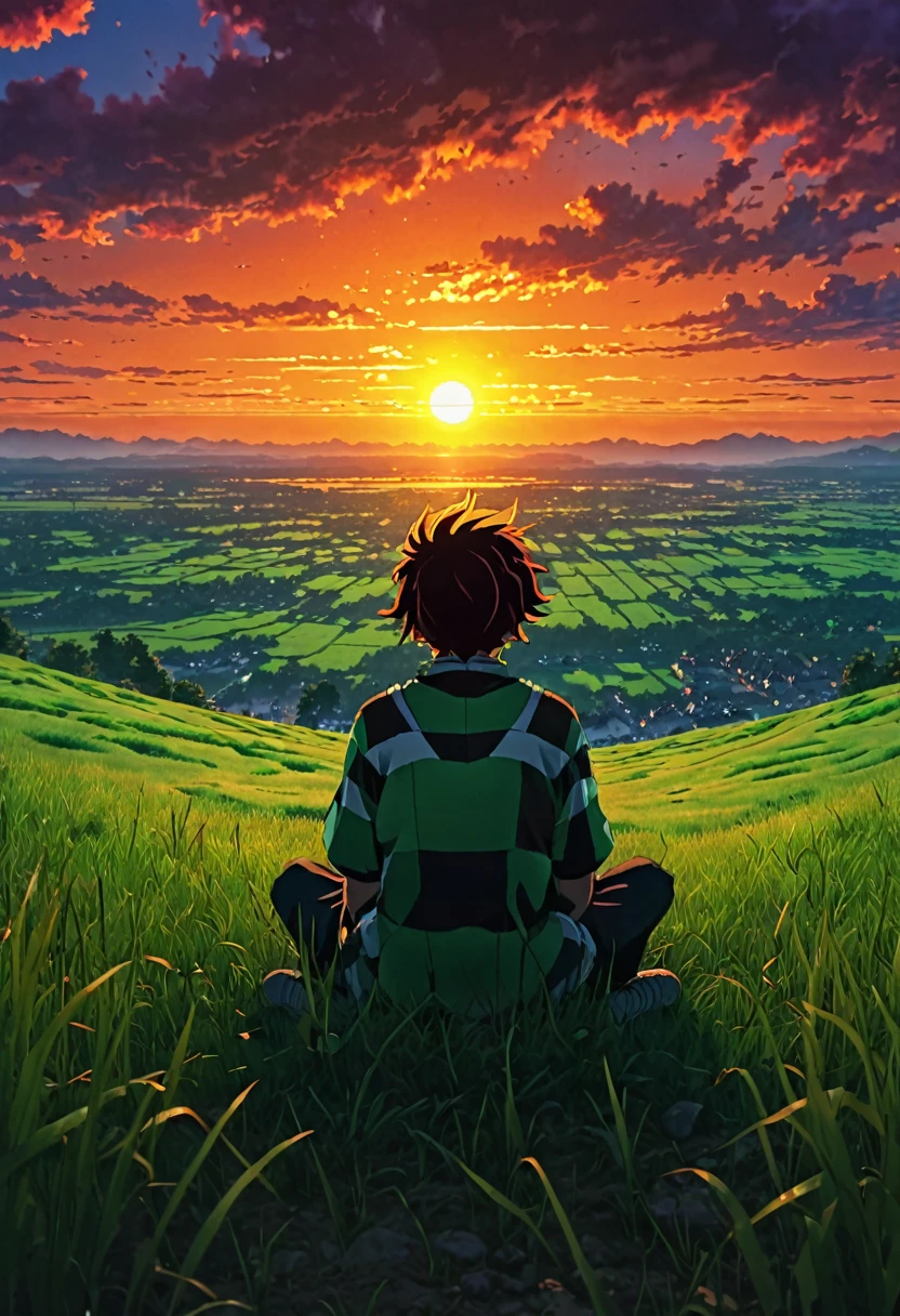 boy sitting on a field of grass, watching a hellish sunset, sun, anime wallpaper 4k, amazing miyazaki, thomas kinkade matte 4k, Aries Moross art. HD 8K