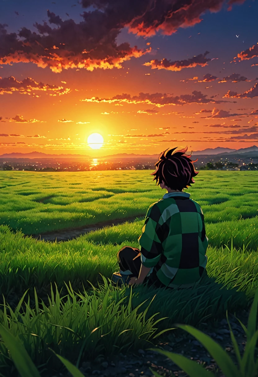 boy sitting on a field of grass, watching a hellish sunset, sun, anime wallpaper 4k, amazing miyazaki, thomas kinkade matte 4k, Aries Moross art. HD 8K