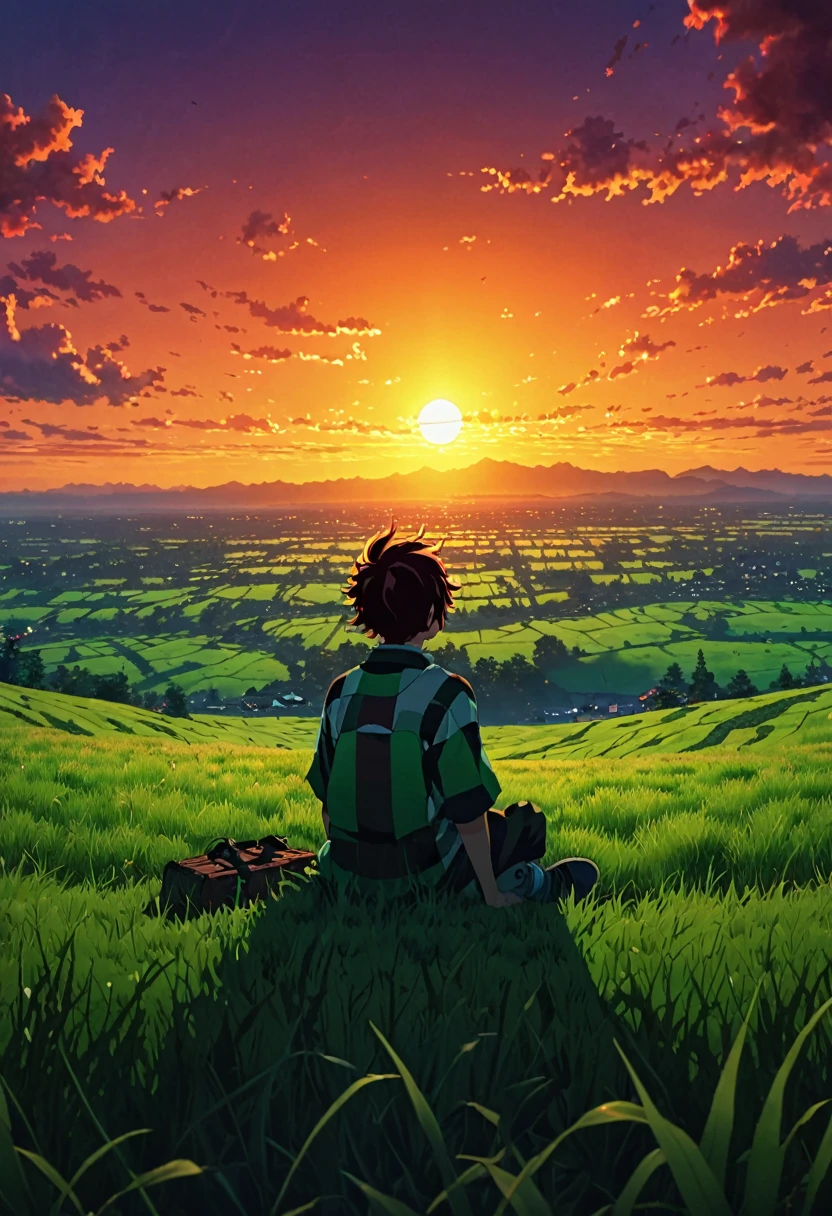 boy sitting on a field of grass, watching a hellish sunset, sun, anime wallpaper 4k, amazing miyazaki, thomas kinkade matte 4k, Aries Moross art. HD 8K