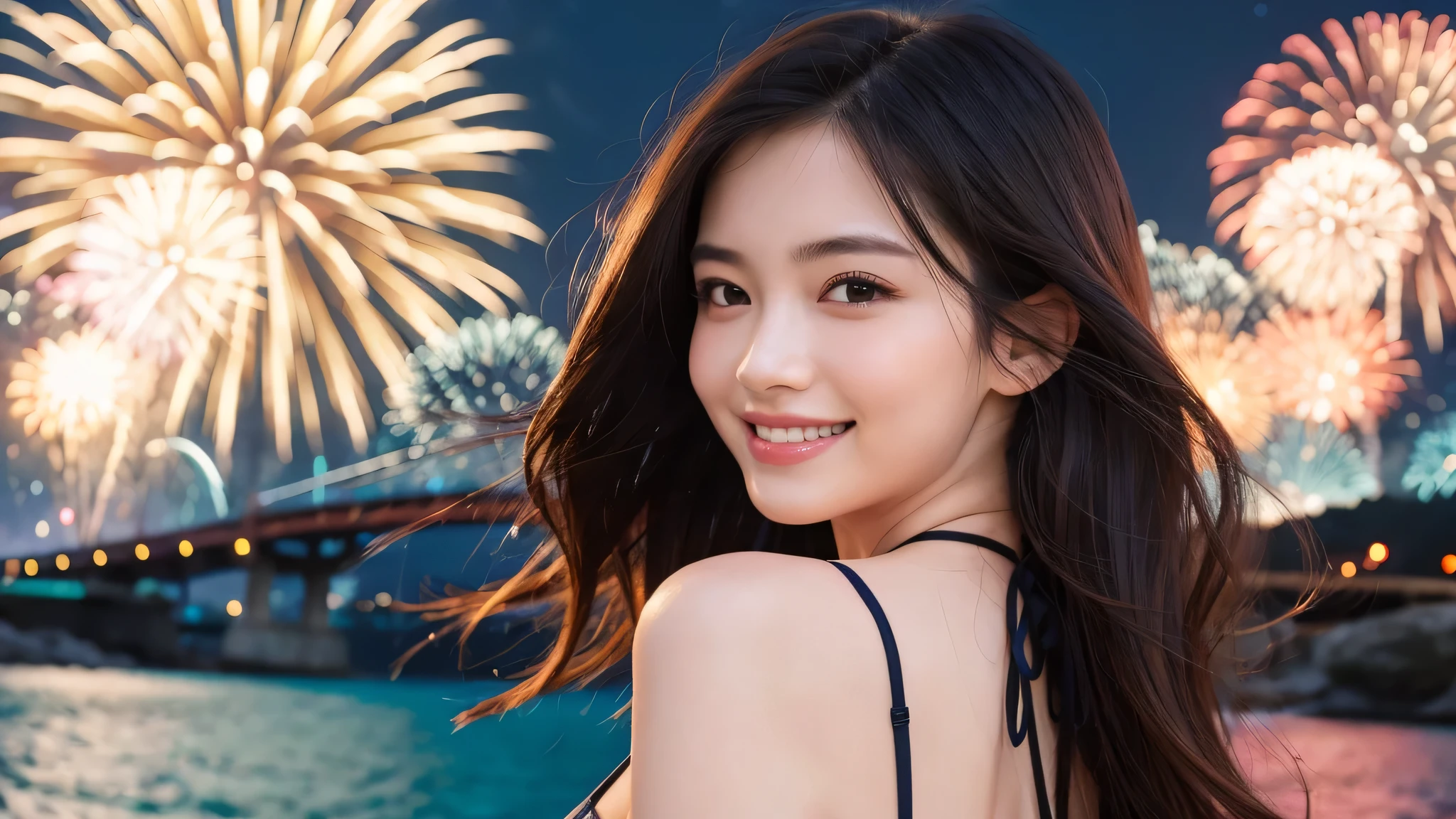 Diffuse lighting、 Highest quality, High resolution, unity 8k wallpaper、Supersaturation, Colorful, 8k resolution, 1 female、Japanese、23 years old、adult、Close-up portrait、Wearing a swimsuit、 Colorful fireworks burst into the sky. Show me your best smile、Festival fireworks、The atmosphere was cheerful, With volume light, Soft Light, Aerial fireworks、Japanese Festivals, Best Quality, Depth of written boundary, Detailed Background, Beautiful cheeks, Sparkling Eyes, And the starry sky at night,