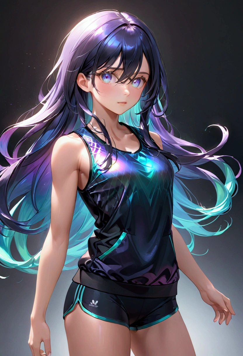 Long dark iridescent hair, iridescent eyes, athletic body figure, casual wear, vest quality, high resolution, 8k