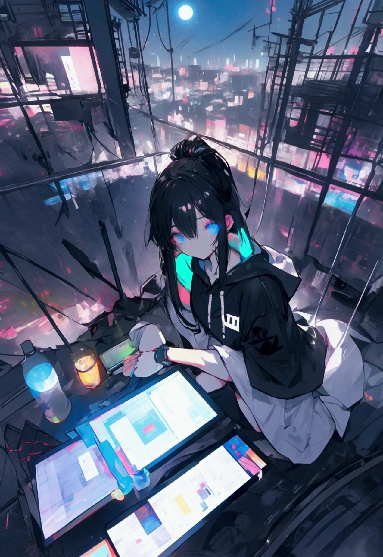 Top View、Using a laptop、Beautiful Face、Beautiful legs、Black Hair、On the roof、full moon,neon.hoodie,Sitting、hacker、Townscape、Tokyo