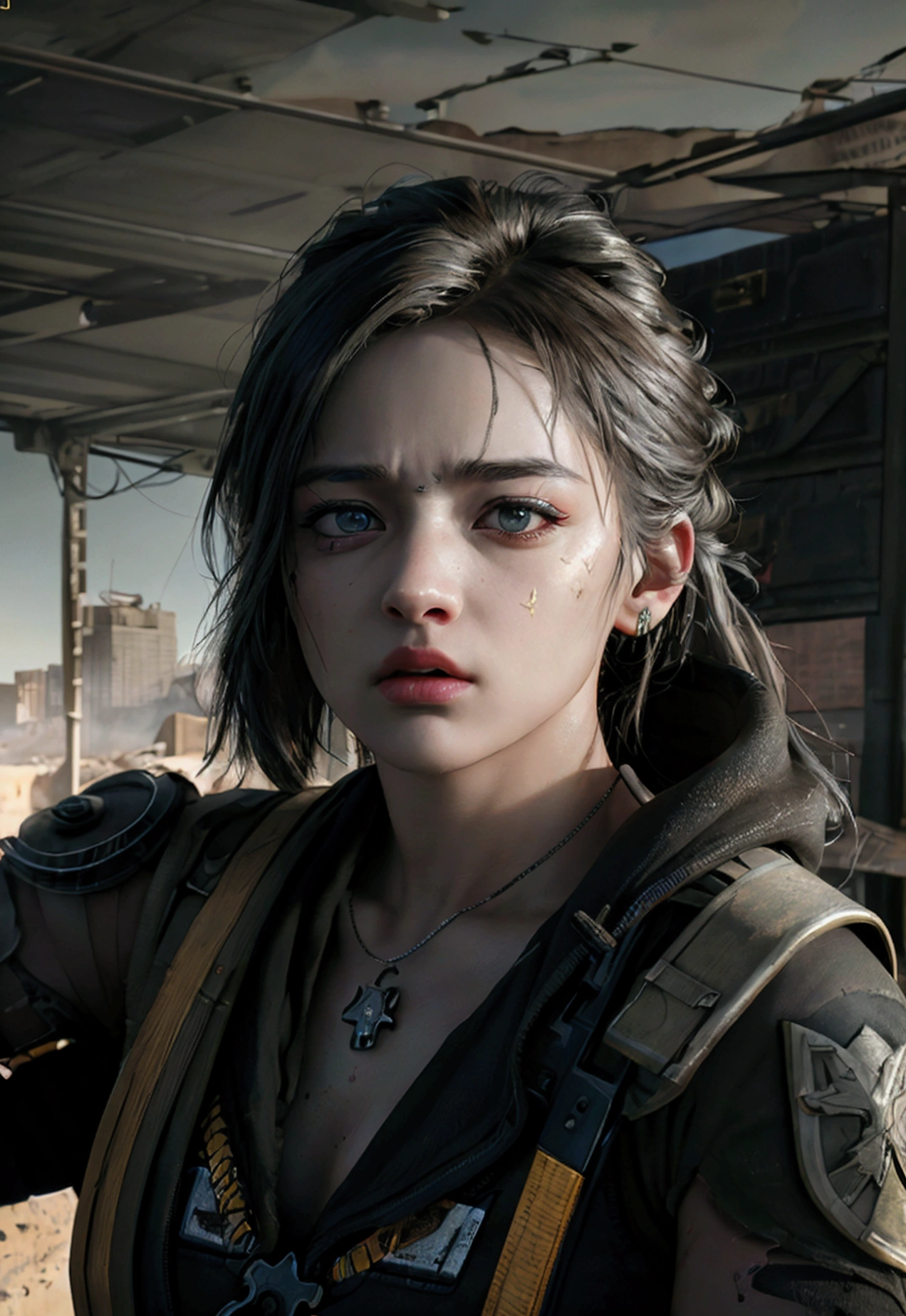 a woman warrior fighting in a ruined city, wearing combat uniform, holding a gun, (best quality,4k,8k,highres,masterpiece:1.2),ultra-detailed,(realistic,photorealistic,photo-realistic:1.37),HDR,UHD,studio lighting,ultra-fine painting,sharp focus,physically-based rendering,extreme detail description,professional,vivid colors,bokeh,highly detailed face,beautiful detailed eyes,beautiful detailed lips,extremely detailed eyes and face,longeyelashes,1girl,war,post-apocalyptic,dystopian,gritty,dramatic lighting,cinematic,muted colors,moody,intense,powerful