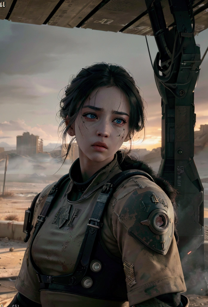 a woman warrior fighting in a ruined city, wearing combat uniform, holding a gun, (best quality,4k,8k,highres,masterpiece:1.2),ultra-detailed,(realistic,photorealistic,photo-realistic:1.37),HDR,UHD,studio lighting,ultra-fine painting,sharp focus,physically-based rendering,extreme detail description,professional,vivid colors,bokeh,highly detailed face,beautiful detailed eyes,beautiful detailed lips,extremely detailed eyes and face,longeyelashes,1girl,war,post-apocalyptic,dystopian,gritty,dramatic lighting,cinematic,muted colors,moody,intense,powerful