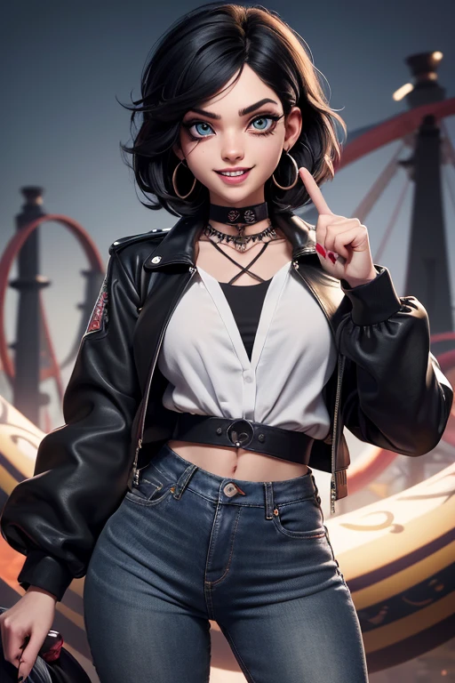 absurdrez, ultra details, high qualiy, Artwork, gorgeous eyes(detailedeyes), white blouse, Black jacke, jeans, short messy black hair, fully body, facial expression laughing, super lashes, fully body, standing, tatoo, scar on the face, amusement park background, hoop earings, eyes locked, pointing the finger at the spectator