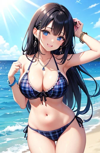 Highest quality、Highest quality、masterpiece、(8k),beauty(Age 25)、Black Hair、Long Hair、blue eyes、Sexy Bikini(Plaid)、Big cleavage、(Big Breasts)、smile、blue necklace、Blue Earrings、background(Beach)、Please open your mouth wide、Plaidのリボンで髪を結ぶ、bracelet、Dynamic pose