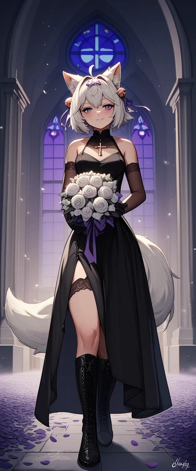 UHD, masterpiece, best quality, moody atmosphere, ((Night)), Church, infront of the altar, church isle, 1girl, tall, solo, Filian, fluffy fox tail, tail pointing down, small cat ears, white hair, short hair, ahoge, hairclip, hair bell, big purple eyes, slight blush, seductive smile, ((black dress with slit)) , long black veil, black bridal veil, black lace arm sleeves, black gloves, black lace stockings, black knee length boots, full body pose, cross legs, seductive pose, holding bridal bouquet with purple ribbon, raining black and purple petals, ((falling petals))