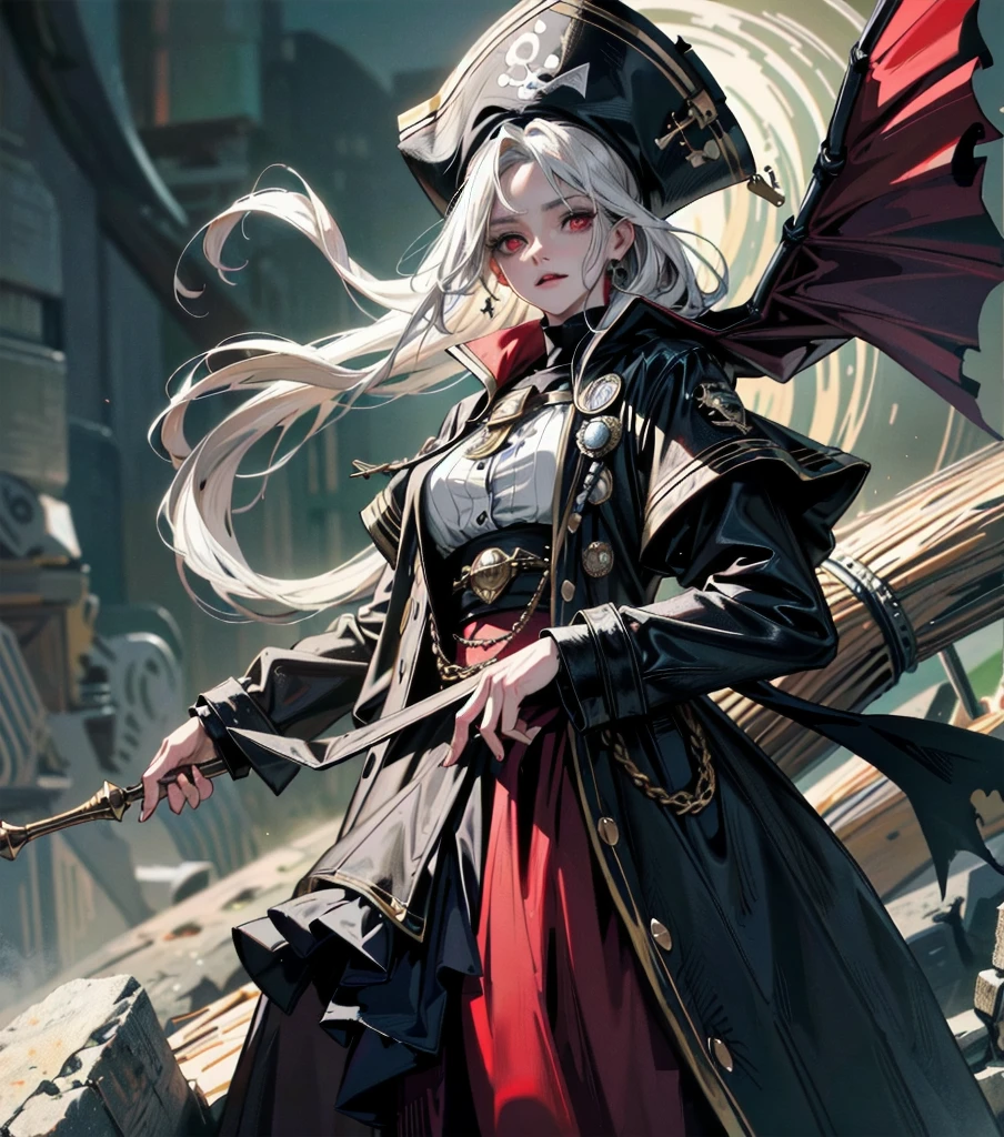a portrait of a woman vampire pirate queen on a pirate ship ready for battle, ((full body: 1.5)), ((anatomically correct: 1.5)), (ultra detailed face: 1.2), looking tense, looking dangerous,  dynamic eye color, glowing eyes, dynamic hair color, dynamic hair style dynamic skin complexion, wearing 18th century white button shirt, with ((stains of blood: 1.3)), busty , wearing  wearing high heeled boots, it is night time at sea, moon is high, some clouds,18th century pirate ship background,  vibrant, Ultra-high resolution, High Contrast, (masterpiece:1.5), highest quality, Best aesthetics), best details, best quality, highres, 16k, (ultra detailed: 1.5), masterpiece, best quality, (extremely detailed) RAW, (ultra details, Masterpiece, best quality), Hyperrealism style, holding sword, Intense gaze, holding sword rapier, vampire teeth, BloodSoakedAI, holding sword, Dark Art Painting Style