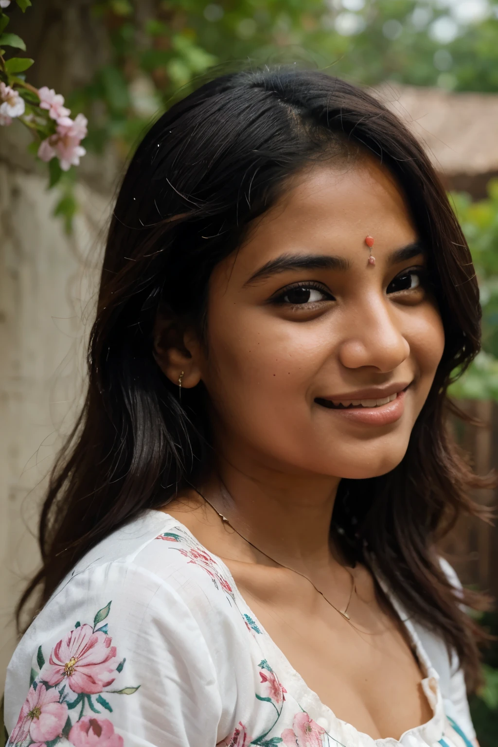 happy Indian Girl looking at the left , camera is at the side of her face , around 30 , surrounded by flowers