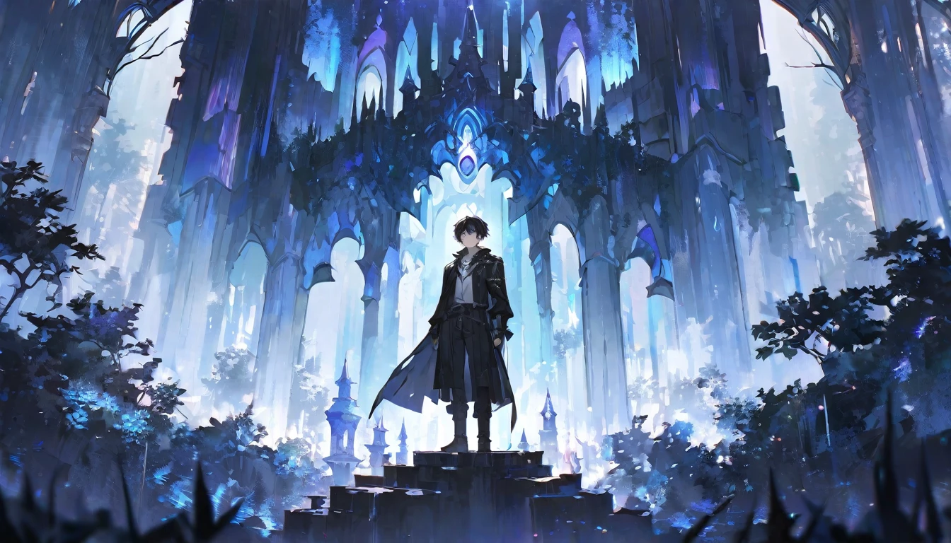 alone, good looking, 1 male, whole body、short hair, Black Hair, black eye, White shirt, Black jacket, Black Cape,, Dark Forest Castle