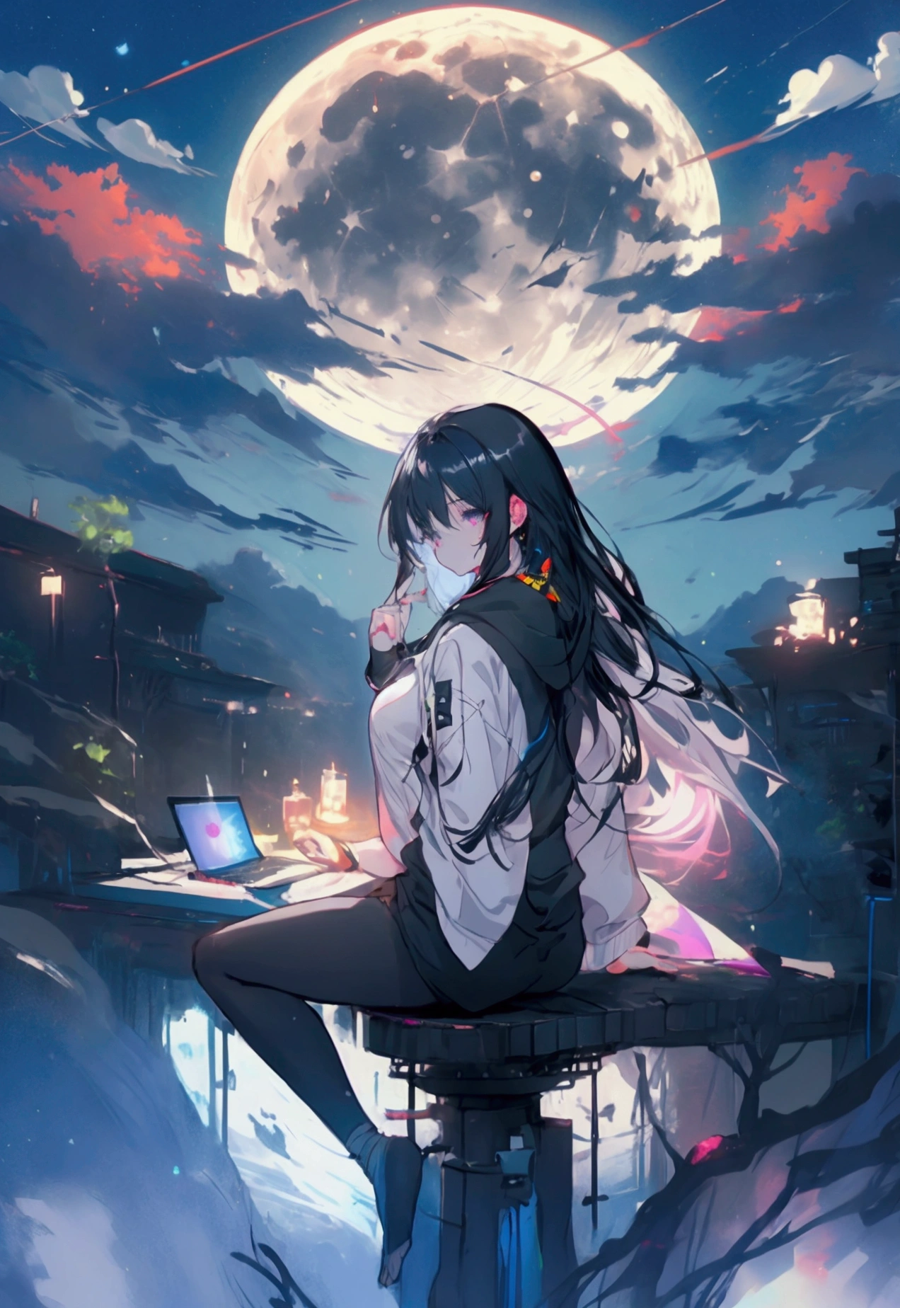 Top View、Using a laptop、Beautiful Face、Beautiful legs、Black Hair、On the roof、full moon,neon.hoodie,Sitting、IT Engineer、Townscape、modern times
