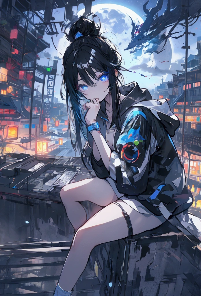 Top View、Using a laptop、Beautiful Face、Beautiful legs、Black Hair、On the roof、full moon,neon.hoodie,Sitting、IT Engineer、Townscape、modern times