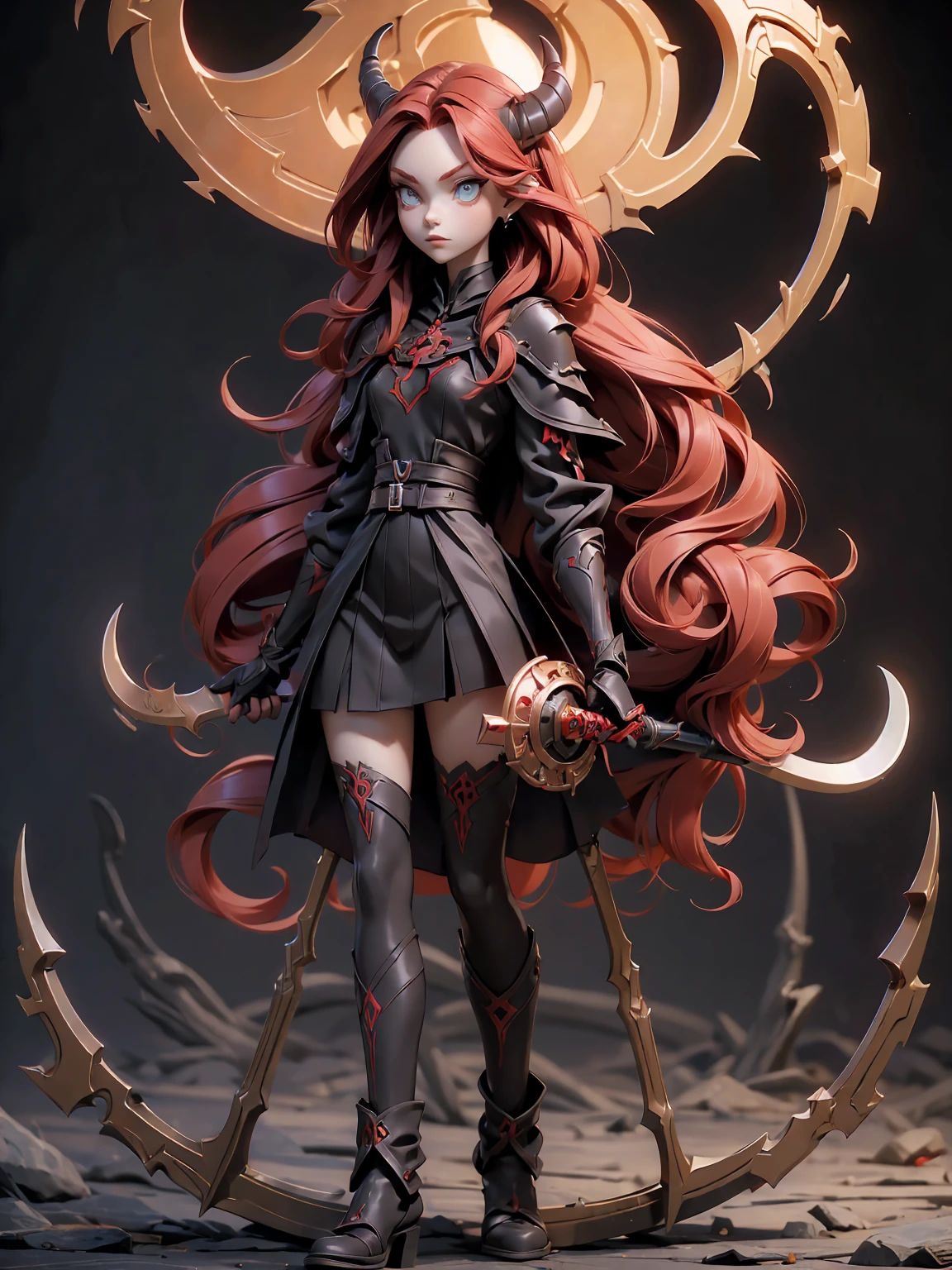 (((Best Quality))), (((Masterpiece))), ((Realistic)) ((full body shot)) slender cute  pale demon girl, pointing ears, (red colored eyes), long black hair, wearing demon armor (intricate details) holding a giant demon stylish scythe.