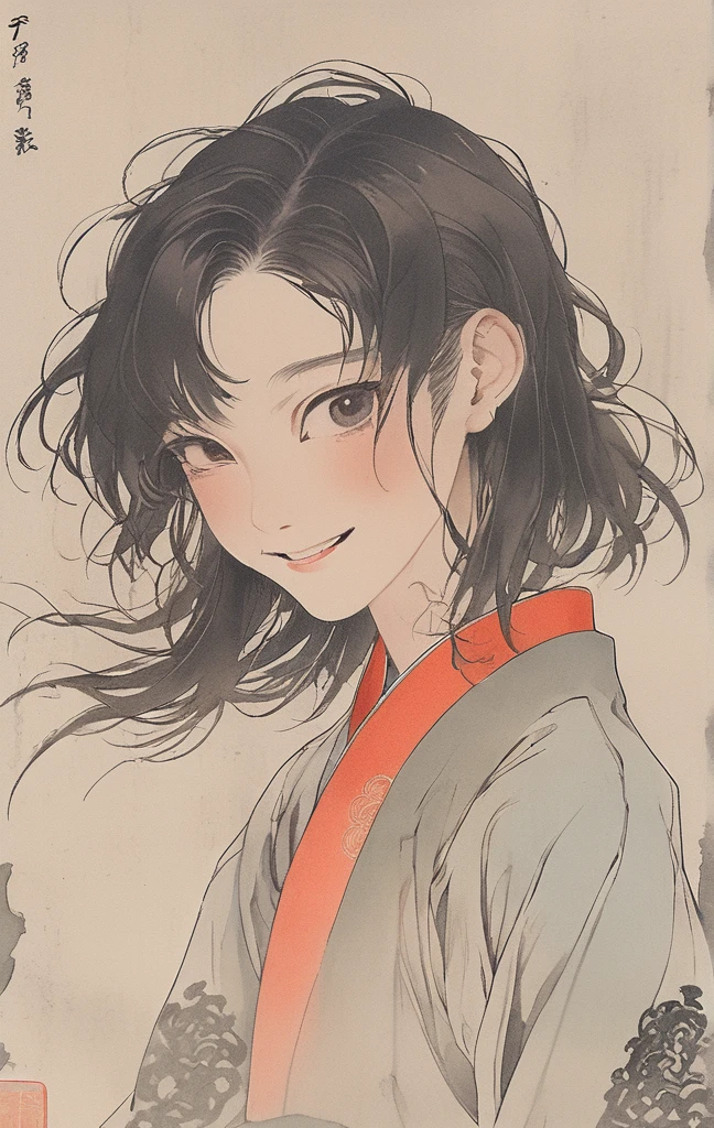 1boy, smile, bob cut long bang, very long hair, forehead, (clothing cutout), cheongsam, hand near the face
