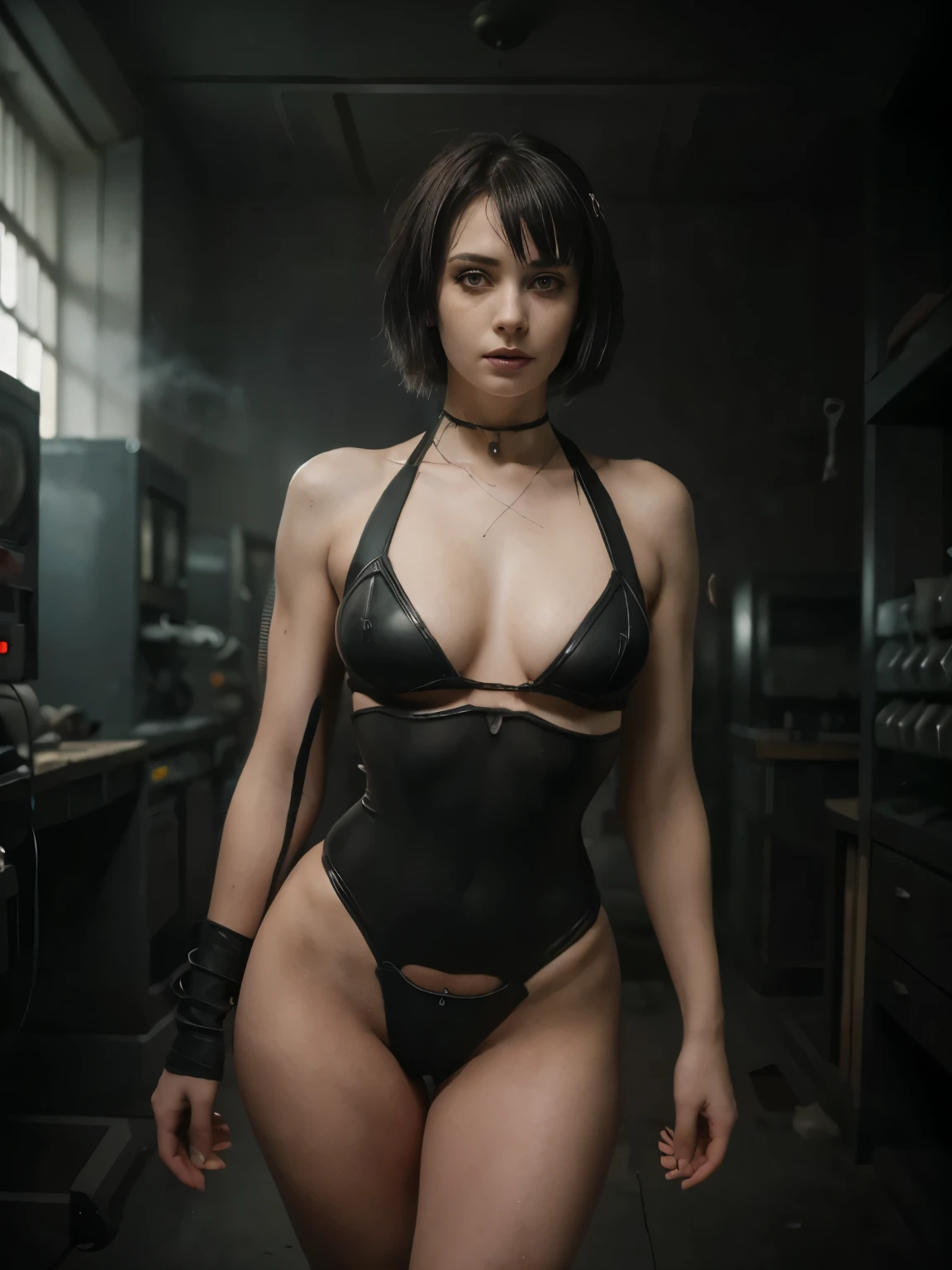 (Best Quality,hight resolution,Masterpiece, half body shot:1.2),Ultra-detailed,woman dressed in a futuristic silver one piece suit,sickly,standing in a dark creepy laboratory surrounded by surgical machines, she's wearing a very sexy high waisted silver bodysuit, she's standing with her legs open, very high waisted thong bodysuit, creepy laboratory with technological surgery machines, perfect body, sensual pose,full body shot, horror vibes, centered subject,gloomy ecstasy,fetish,dark gloomy atmosphere, creepy atmosphere, gritty texture,Retro-atmosphere,warped reality,melancholic expression on his face,mysterious aura,foggy atmosphere,foggy background,Subtle color palette,provocative pose,Strong emotions,Coming Out of the Depths of Despair,Piercing gaze,intense shadows,Plunged in Darkness,dark industrial aesthetic,ominous vibe,A supernatural sensation,Loss of Place in Time and Space,Eerie silence.asymmetrical bangs, freckles, black short hair, Bangs, freckles, gray eyes,