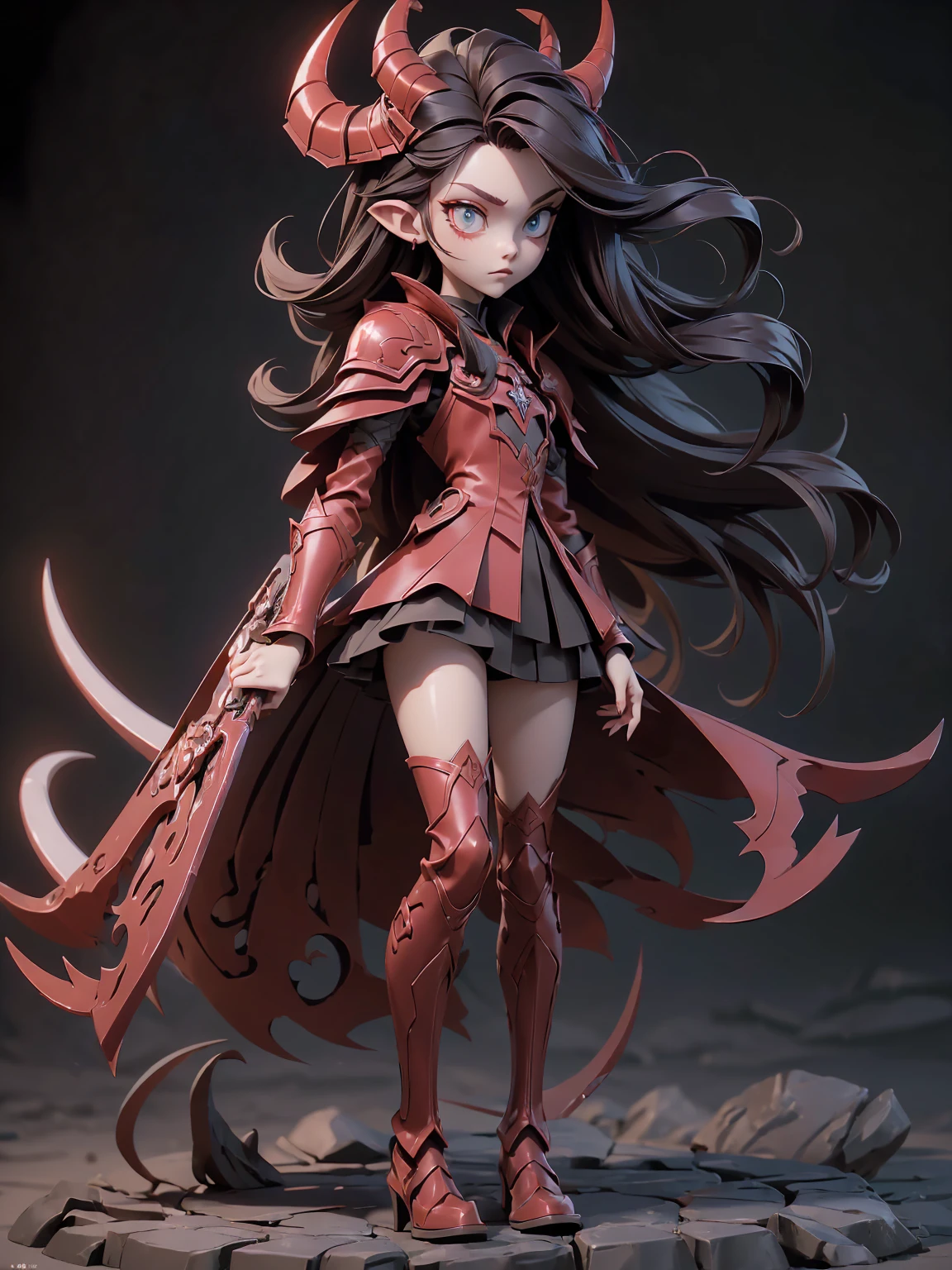 (((Best Quality))), (((Masterpiece))), ((Realistic)) ((full body shot)) slender cute pale demon girl, pointing ears, (red colored eyes), long black hair, wearing demon armor (intricate details) holding a giant demon stylish scythe.
