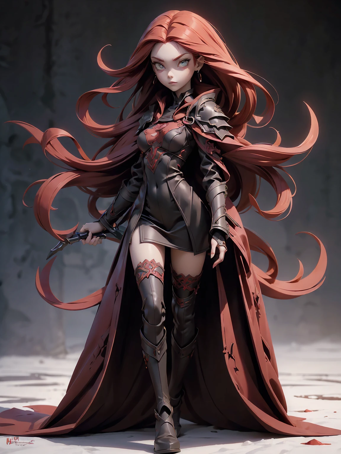 (((Best Quality))), (((Masterpiece))), ((Realistic)) ((full body shot)) slender cute pale demon girl, pointing ears, (red colored eyes), long black hair, wearing demon armor (intricate details) holding a giant demon stylish scythe.