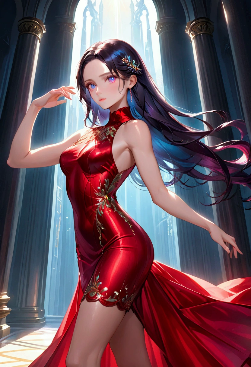 Long dark iridescent hair, iridescent eyes, tall athletic body figure, elegant red dress, vest quality, high resolution, 8k