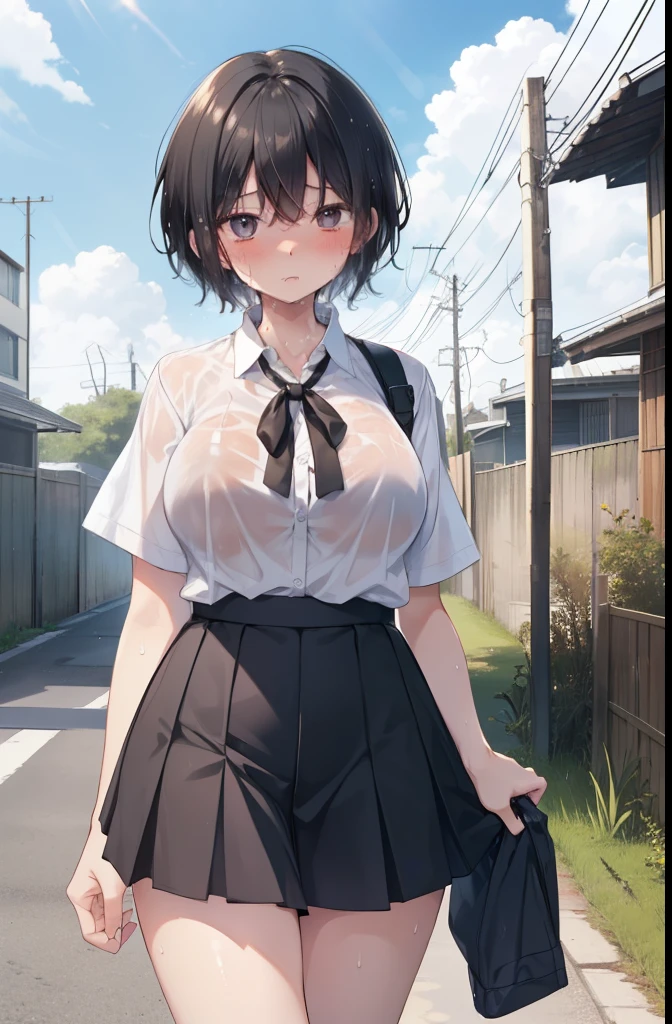 Residential area,the way,Girl 1,boyish,Very Short Hair,Black Hair,blush,Sweaty,Wet,Summer uniform,mini skirt,White shirt,Cowboy Shot,Walking,sun,cloud,Big Breasts,hot,Troubled face,close your eyes,Open your mouth,