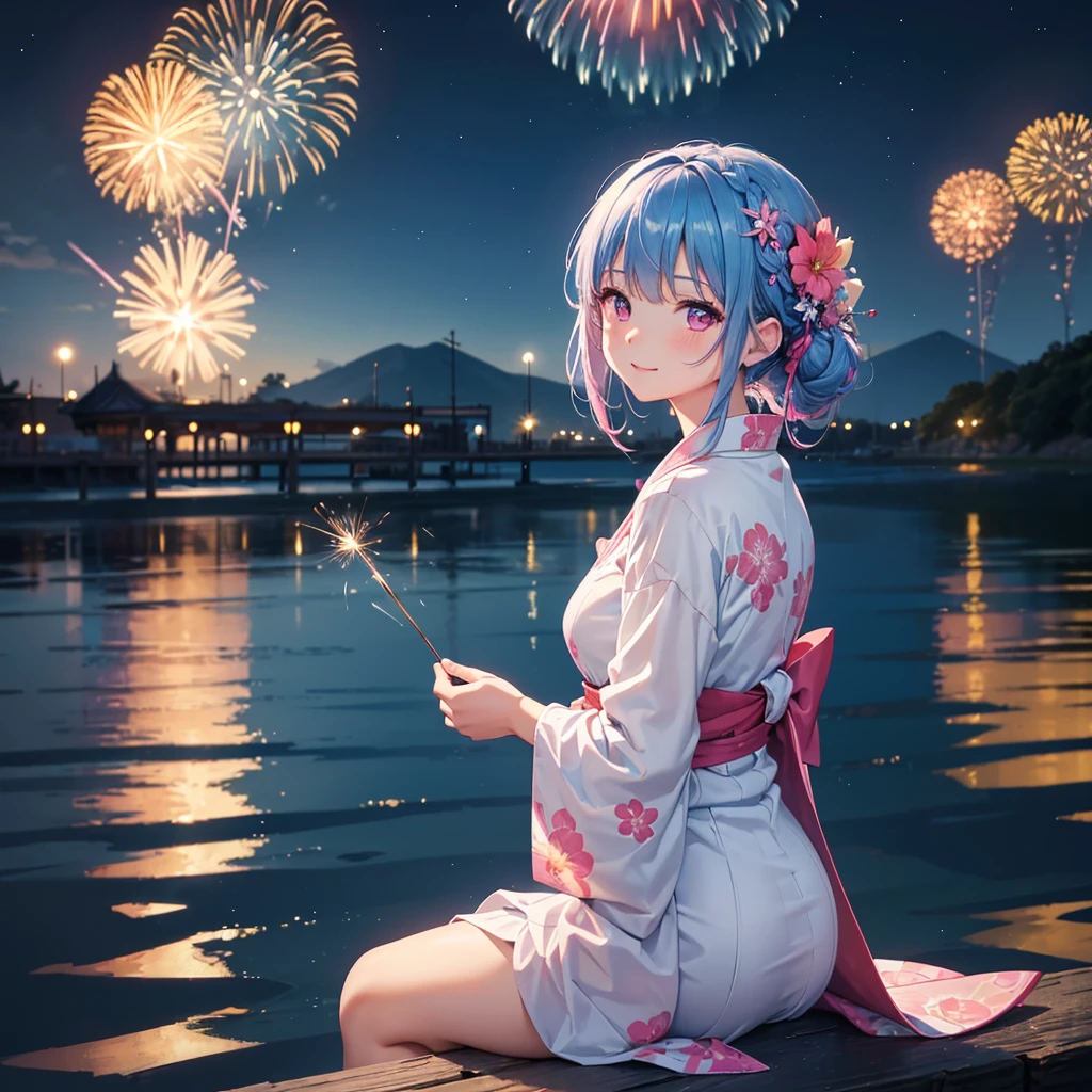 (Sky Blue Medium Hair:1.2), (Braided Hair),(Pink Eyes),Fair skin ,(whole body),(1 girl)、Floral Yukata、summer night、Extra-large fireworks filling the night sky、Huge fireworks launched from the sea、Watching the fireworks while sitting next to each other、smile、Beautiful woman looking back、Straight bangs,(masterpiece, Highest quality, Very detailed, Best Shadow), (Detailed Background), (Beautifully detailed face), High Contrast, (Best lighting, Very delicate and beautiful), ((Cinematic Light)), colorful, Hyper Detail 8k, Dramatic Light, Intricate details,Fireworks reflected on the water surface、