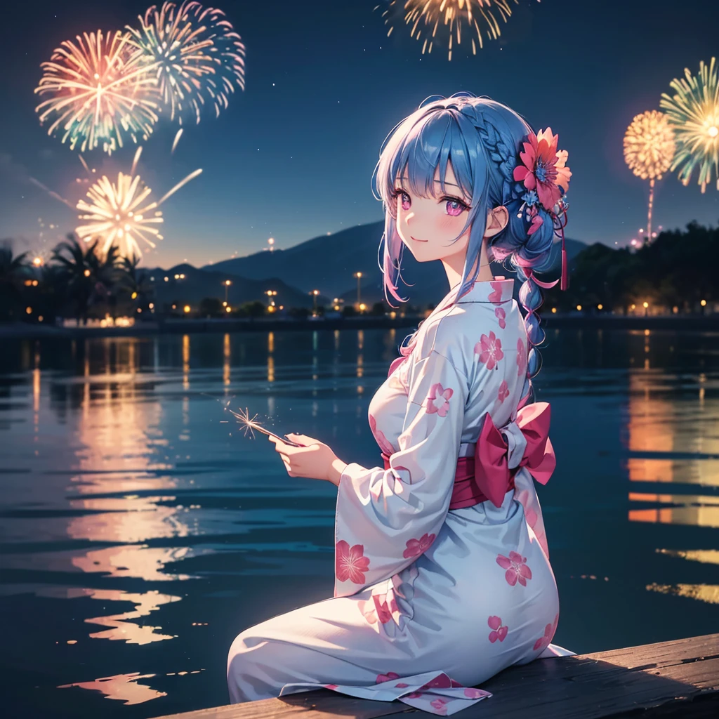 (Sky Blue Medium Hair:1.2), (Braided Hair),(Pink Eyes),Fair skin ,(whole body),(1 girl)、Floral Yukata、summer night、Extra-large fireworks filling the night sky、Huge fireworks launched from the sea、Watching the fireworks while sitting next to each other、smile、Beautiful woman looking back、Straight bangs,(masterpiece, Highest quality, Very detailed, Best Shadow), (Detailed Background), (Beautifully detailed face), High Contrast, (Best lighting, Very delicate and beautiful), ((Cinematic Light)), colorful, Hyper Detail 8k, Dramatic Light, Intricate details,Fireworks reflected on the water surface、